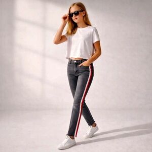 Kidpik Girls‎ 14 Gray Black Skinny Jeans Red White Stripe Trim